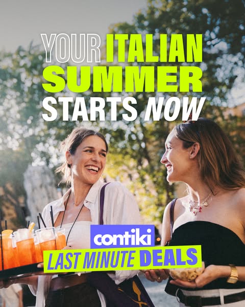 The ad promotes Contiki's last-minute deals for an Italian summer vacation. It features a vibrant image of two women