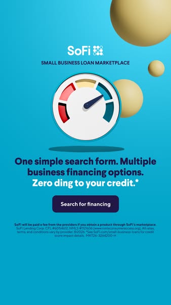 This ad promotes SoFi's small business loan marketplace, emphasizing a simple search form, multiple financing option