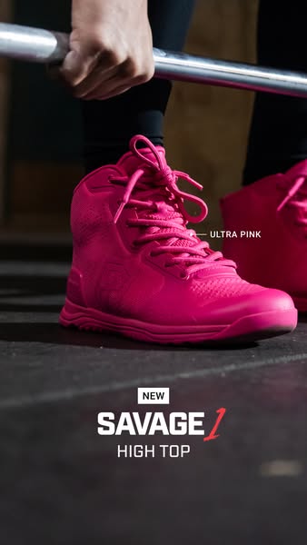 This ad features a pair of Savage 1 high-top shoes in ultra pink. The ad highlights the newness of the product and its h
