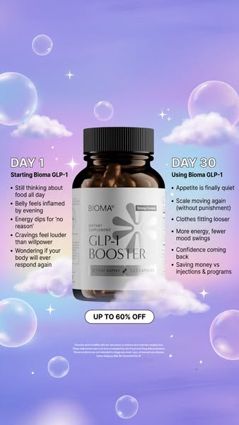 This ad compares how you feel at day 1 of starting Bioma GLP-1 to day 30 of using Bioma GLP-1.