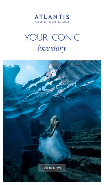 An image ad for Atlantis Paradise Island Bahamas, showing a woman in a white dress underwater. The text encourages viewe