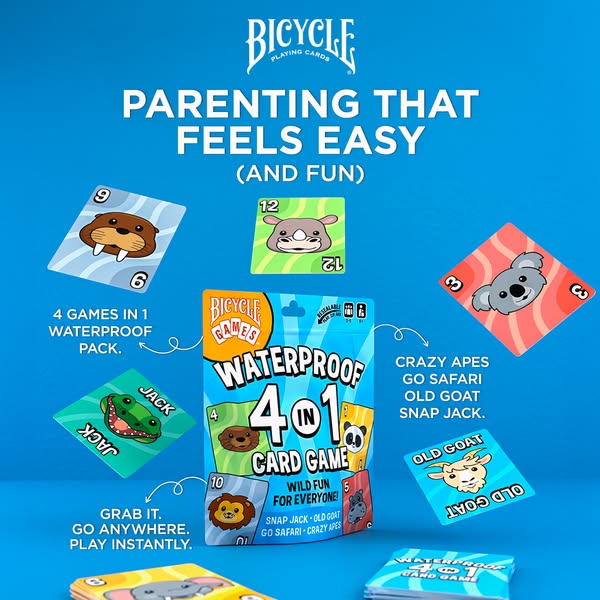 This ad promotes the Bicycle Games Waterproof 4 in 1 Card Game. The ad features a background, the product packaging, sev