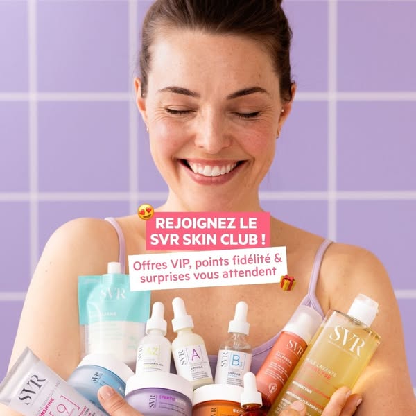 This image ad promotes joining the SVR Skin Club while featuring an array of the brand's products being held in a pe