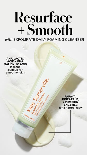 This image ad showcases Kate Somerville's ExfoliKate Daily Foaming Cleanser. The ad highlights key ingredients and b