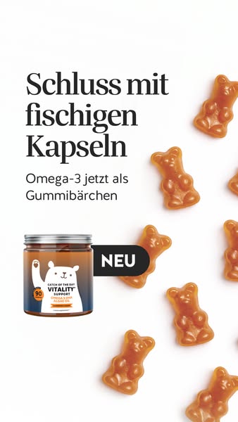 This ad is for Catch of the Day vitality support Omega-3 gummy vitamins. The ad features a product shot and text discuss