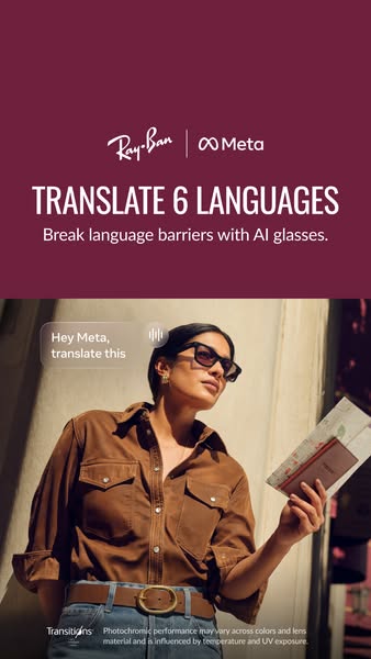 This ad showcases Ray-Ban Meta smart glasses, emphasizing their ability to translate 6 languages in real-time. The ad po