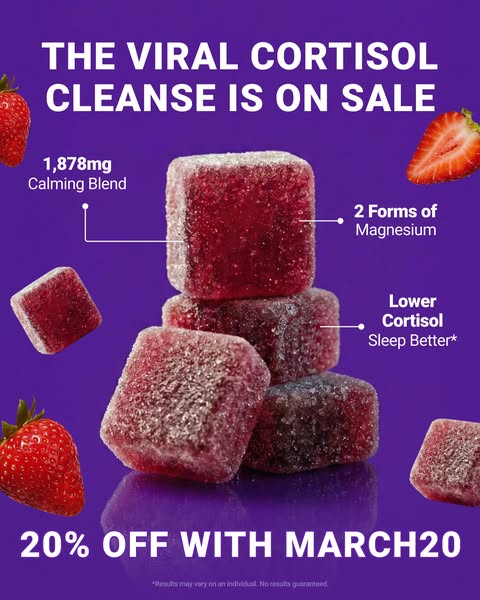 This image ad showcases the brand's popular cortisol cleanse gummies. It highlights the ingredients and key benefits