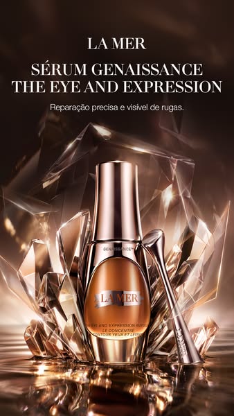 A luxurious advertisement for La Mer's Sérum Genaissance eye and expression serum, showcasing the product bottle and