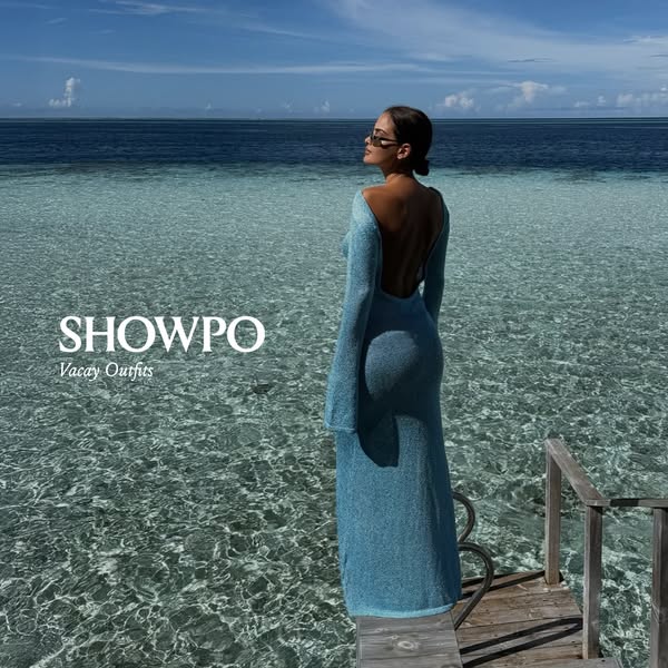 This ad features a woman standing on a dock in a blue dress. The ad is for Showpo and promotes vacation outfits.