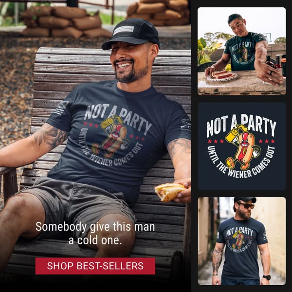 The ad features a man wearing a blue t-shirt with a graphic of a hotdog and the phrase "NOT A PARTY UNTIL THE WEINE