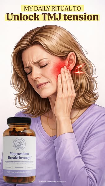 This ad promotes Magnesium Breakthrough as a solution for TMJ tension. It features an illustration of a woman experienci