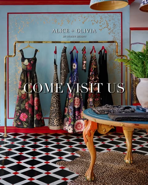 This image ad for Alice + Olivia invites viewers to visit them at an unspecified location. The brand's garments hang