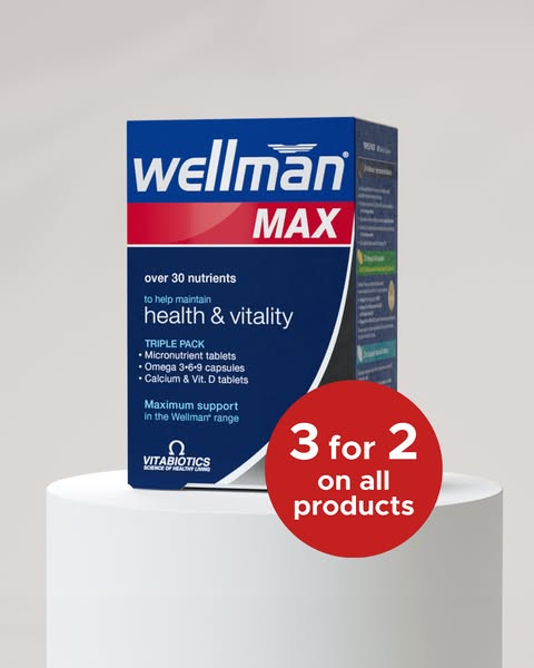 This ad features a box of Wellman Max vitamins on a white pedestal, highlighting a 3 for 2 offer on all products.