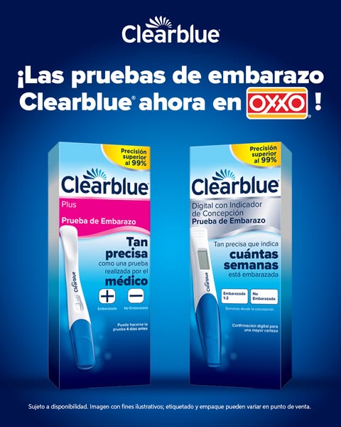 This ad compares two Clearblue pregnancy tests, highlighting their accuracy and availability at OXXO stores.