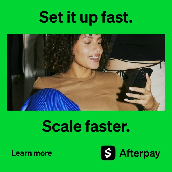 This ad promotes Afterpay, highlighting its ease of setup and ability to help businesses scale quickly. The ad features 