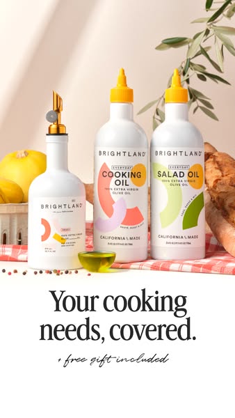 This ad features three Brightland oils including an olive oil with a spout, cooking oil, and salad oil. The ad's hea