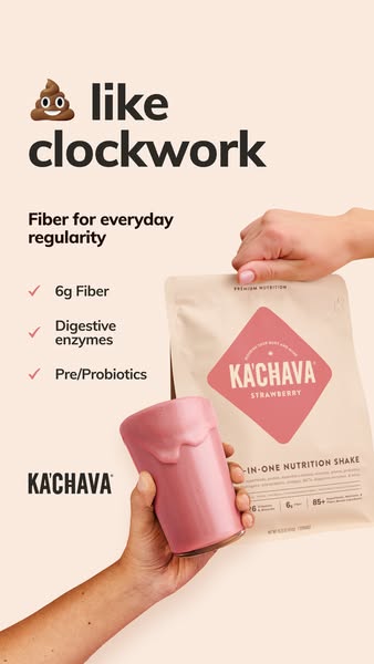 This ad highlights Ka'Chava's Strawberry flavor, emphasizing its role in promoting everyday regularity through i