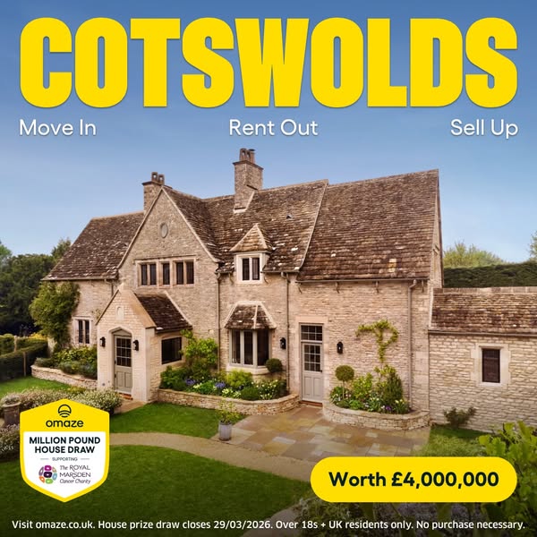 This ad promotes a house draw for a Cotswolds property, offering multiple potential outcomes (move in, rent out, or sell
