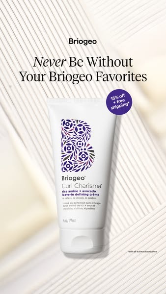 This ad features Briogeo's Curl Charisma leave-in defining creme. It also highlights an offer for 15% off plus free 