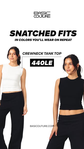 This image ad showcases the Basic Couture crewneck tank top in black and white, emphasizing its versatility and flatteri