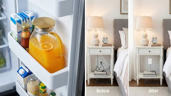 This ad showcases a home organization product. The left panel of the image displays a refrigerator shelf with various dr