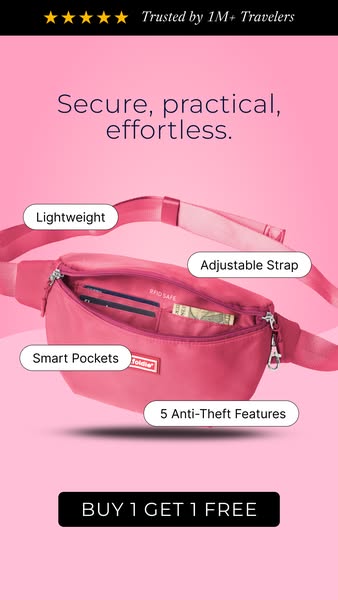 This ad highlights the features of a fanny pack, listing them with text callouts. The ad also uses social proof and a sp