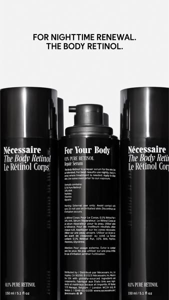 This ad showcases Nécessaire's The Body Retinol collection, emphasizing its nighttime renewal benefits. The ad featu