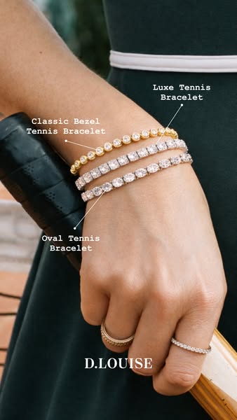 This ad showcases three different tennis bracelets from D.Louise: the Classic Bezel Tennis Bracelet, the Luxe Tennis Bra