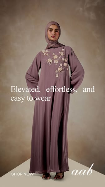 An image ad showcasing a long dress from AAB, emphasizing its elevated, effortless, and easy-to-wear nature.