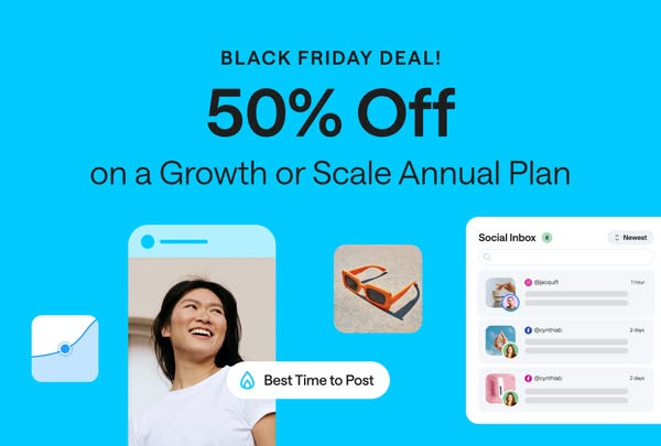 This image ad promotes a Black Friday deal for 50% off a Growth or Scale Annual Plan. The ad features app interface scre