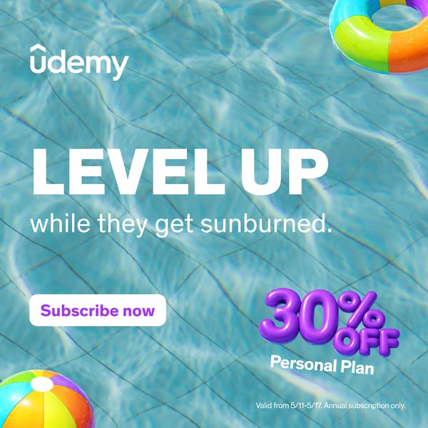 This image ad promotes Udemy's personal plan with a 30% discount. The ad uses a pool background with the headline &#