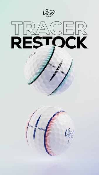 This image ad for Vice Golf promotes the restock of their Tracer golf balls. The ad features two golf balls floating aga
