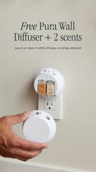This ad promotes a free Pura Wall Diffuser and two scents. It highlights the risk-free trial period, allowing customers 