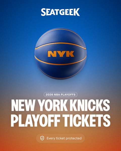 This ad promotes tickets for the New York Knicks NBA playoff games through SeatGeek. The ad uses a basketball stylized w