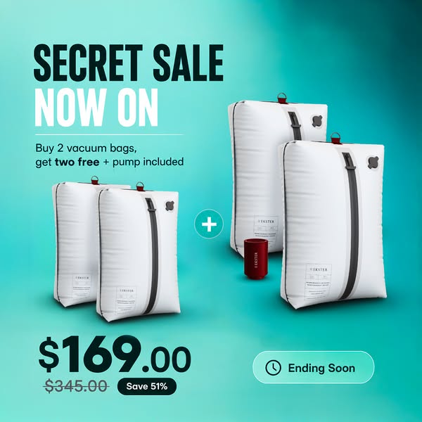 This image ad promotes a sale on Ekster vacuum bags. The ad states that if you buy two vacuum bags, you get two free, an