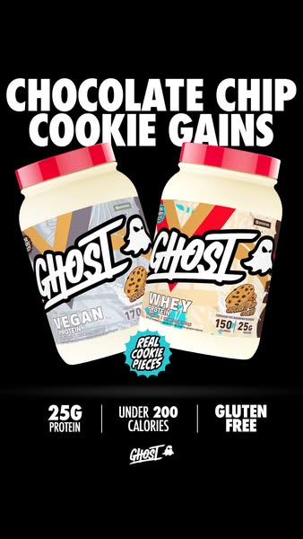 This advertisement promotes Ghost brand vegan and whey protein powders in chocolate chip cookie flavor. The ad focuses o