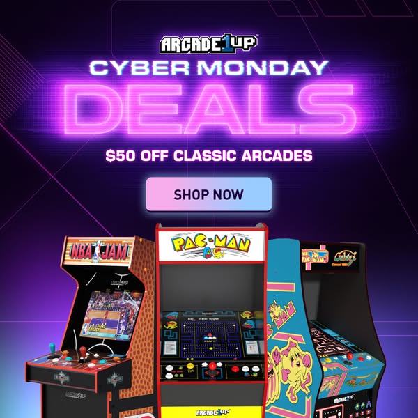 This ad promotes Arcade1Up's Cyber Monday deals, offering $50 off classic arcades. It features a visually appealing 