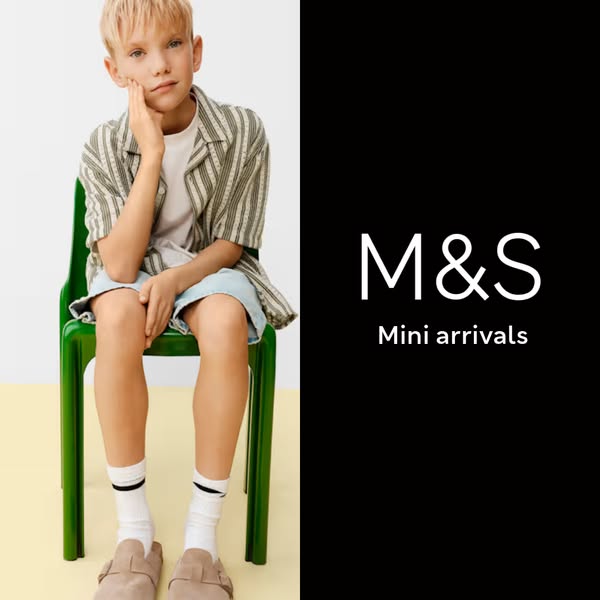 This ad features a young boy wearing new arrivals from M&S Mini. The ad is split between a photo of the boy and the 
