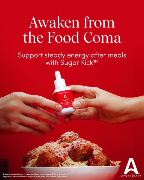 This image ad for Apothékary's Sugar Kick supplement uses a visually disruptive, brightly-colored image with a clear