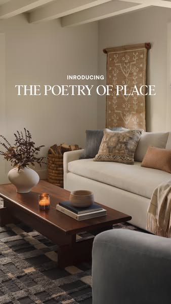 This image ad showcases a living room setting with neutral tones and natural textures, promoting a sense of calm and sop