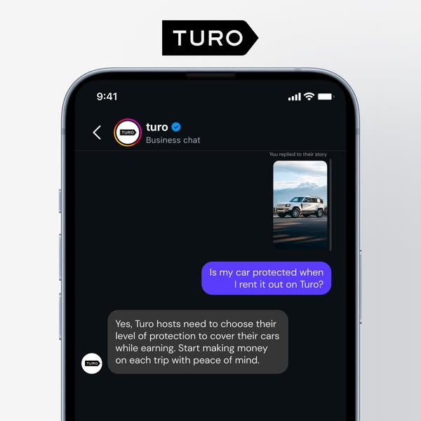 This ad is designed to look like a chat within the messaging app. It highlights Turo’s car protection plan to encourage 