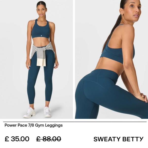 This ad features a split-screen view of a woman wearing a matching teal sports bra and leggings set from Sweaty Betty. T
