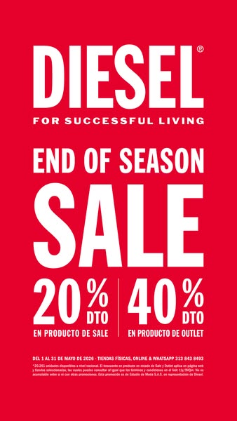 This image ad promotes an end-of-season sale from Diesel. The ad is on a red background and features text in white.