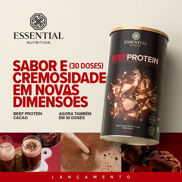 This image promotes Essential Nutrition beef protein. The ad highlights its flavor and creaminess and also mentions that