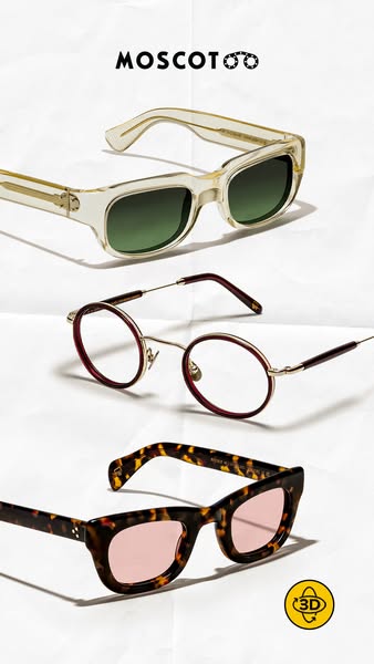 This image ad showcases three different styles of MOSCOT eyeglasses and sunglasses. The glasses are displayed on a white