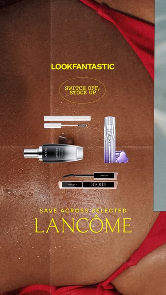 This ad is for Lancone and features a product carousel of makeup products on a brown skin tone background.