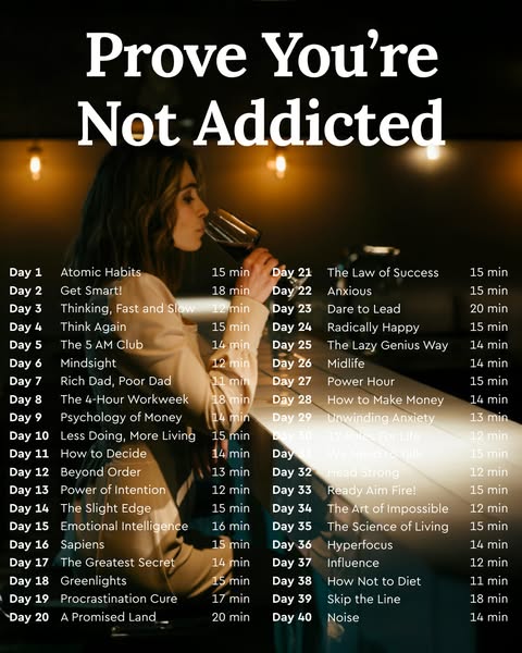 This ad presents a list of 40 books and topics to read about in order to prove that you are not addicted to something el