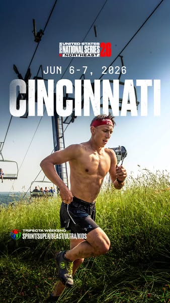 This image ad promotes the Spartan Race National Series Northeast event in Cincinnati on June 6-7, 2026. It features a s
