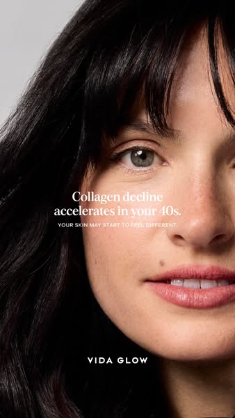 This image ad from Vida Glow highlights the issue of collagen decline as women enter their 40s, and positions their prod