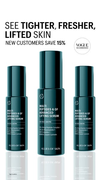 This ad features a trio of Allies of Skin Multi Peptides & GF Advanced Lifting Serums. It highlights the serum's